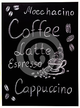 Coffee menu on black background, vintage style stylized drawning with chalk on blackboard.