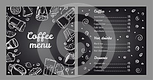 Coffee menu design template. Cover and list of hot drinks and desserts. Vector outline monochrome hand drawn illustration
