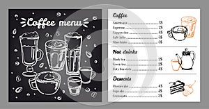 Coffee menu design template with list of hot drinks and desserts. Vector outline hand drawn illustration