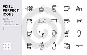 Coffee menu line icon set. Cappuccino, spoon, mug, hot beverage, takeaway, mocha, regular, macchiato minimal vector