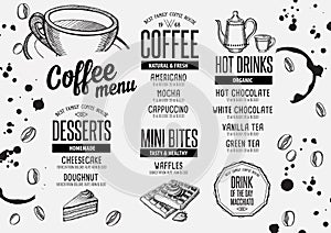 Coffee menu placemat food restaurant brochure and cafe template design.