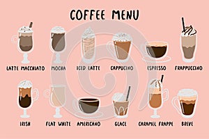 Coffee menu. Set of different types of coffee. Vector graphics