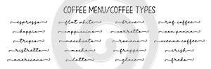 Caffè. tipografia le parole caffè il negozio un ristorante bar. tipi da caffè 
