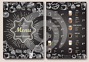 Coffee menu vector template. Front and back sides A4 paper format coffee menu price list on chalkboard.