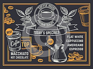 Coffee menu. Vintage hand drawn coffeeshop flyer. Cappuccino and hot chocolate vector poster