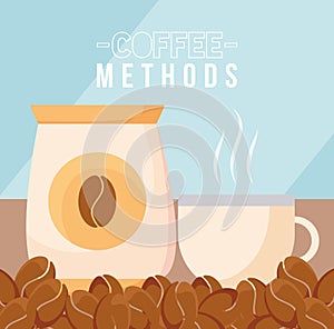 Coffee methods with beans bag and cup vector design