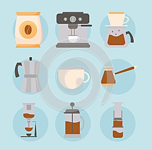Coffee methods set on blue background vector design