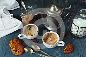 Coffee with milk and homemade oatmeal cookies