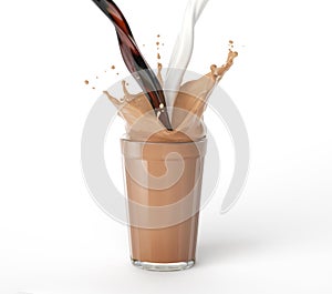 Coffee and milk pouring into a glass with splash