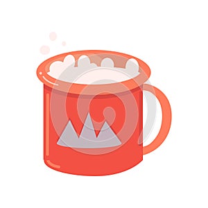 Coffee with milk in red cup and mountaines on a white background.Turistic metalic Camping cup vector