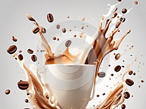 Coffee milk splash with Coffee Bean falling, 3d render