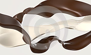 Coffee and milk streams, chocolate and dairy mix, waves of hot choco and cream 3d render. White brown liquids swirls