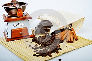 Coffee mill with cinnamon sticks on white