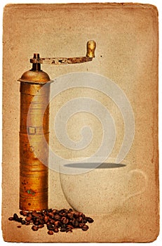 Coffee mill and cup of coffee