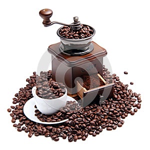 Coffee mill and cup with coffee beans