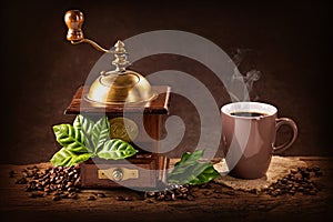Coffee mill and a cup of coffee
