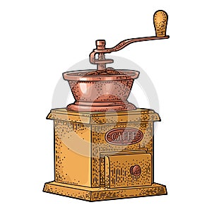 Coffee mill. Hand drawn sketch style. Vintage color vector engraving