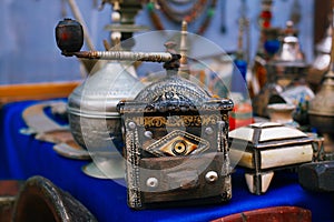 Coffee mill moroccan souk crafts souvenirs in medina, Essaouira, Morocco