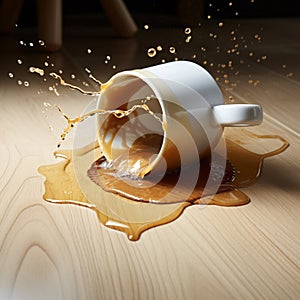 Coffee mishap Cup of coffee spilled, creating an unexpected mess