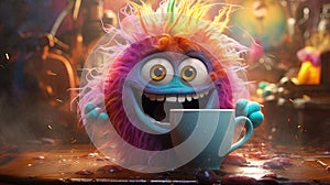 Coffee monster with crazy eyes. Cute character with caffeine energy, very excited.