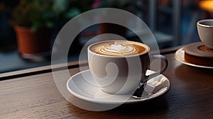 Coffee mood mug with aromatic coffee on a table in a cafe