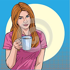 Coffee morning A beautiful woman drinking coffee Illustration vector On pop art comic style Colorful soft background