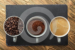 Coffee, morning start. The speedometer of energy. Creative idea. Hot coffee, top view.