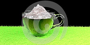 Coffee and mountains 3D rendering that Americans love is made on a grass