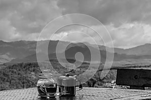 Coffee and mountains and fog in the morning