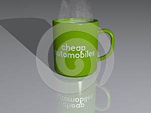 Coffee mug with the 3D illustration of cheap automobiles on a mirroring floor