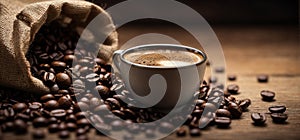 Coffee in a mug and coffee beans spilling out of a burlap bag, on a rustic wooden table against a black background.