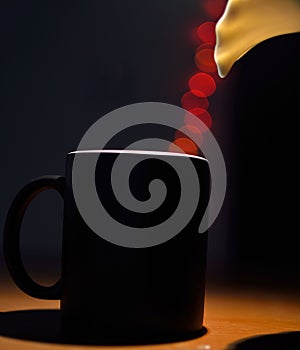 A coffee mug being filled by bokeh lights