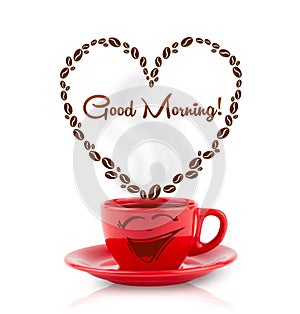 Coffee mug with coffee beans shaped heart with good morning sign