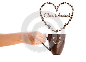 Coffee mug with coffee beans shaped heart with good morning sign