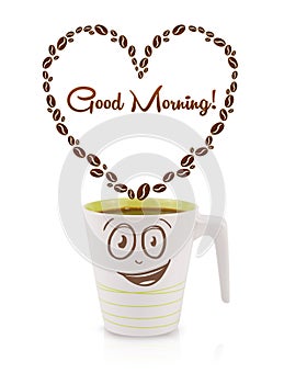 Coffee mug with coffee beans shaped heart with good morning sign