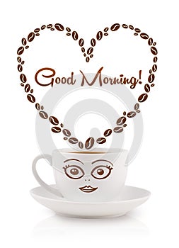 Coffee mug with coffee beans shaped heart with good morning sign