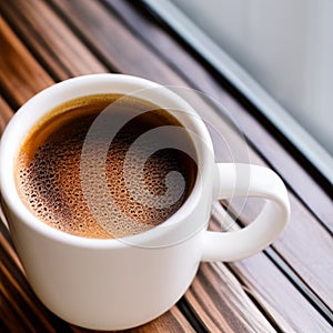 Coffee mug with foam, top down, on tabletop grain texture