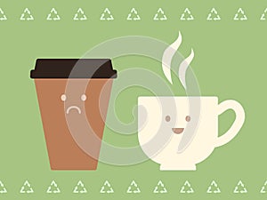 Coffee mug with a happy smiling face and take away coffe cup with sad face ecology concept, vector