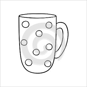 Coffee mug line icon. Black and whitetea cup vector illustration. Linear art polka dot crockery isolated on white background.
