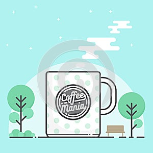 Coffee mug with logo. Hot coffee in cartoon version.