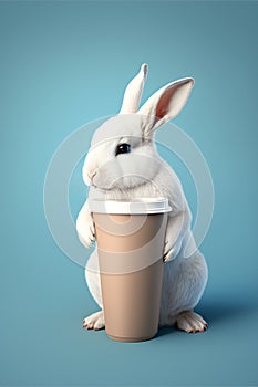 coffee mug mockup with rabbit on blue background