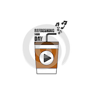 Coffee mug and musical note with lettering `REFRESHING YOUR DAY` flat vector design on white background