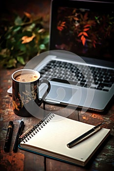 coffee mug and notepad beside laptop for webinar