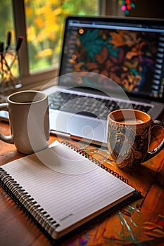 coffee mug and notepad beside laptop for webinar