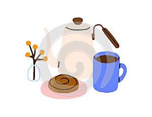 Coffee mug, pot and bakery composition. Coffeepot, sweet roll. Morning americano drink in cup and bun. Fresh coffe and