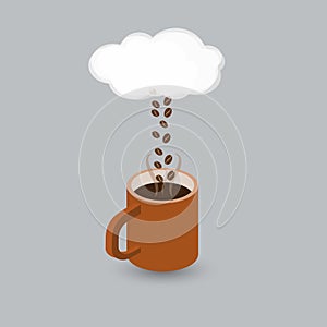 Coffee mug with a rainy cloud above and coffee beans as rain drops