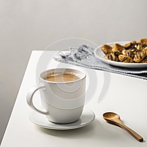 coffee mug table with cookies plate spoon. High quality beautiful photo concept