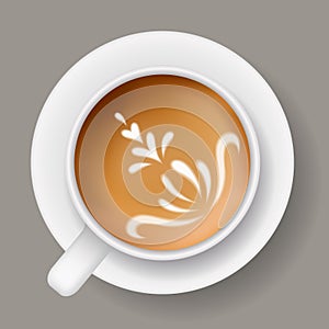 Coffee mug top view. Cappuccino espresso latte milk brown coffee vector realistic template