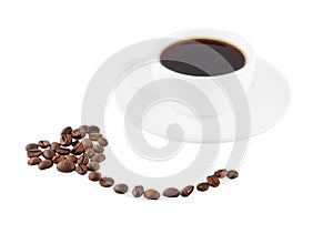 Coffee mug, white, coffee beans isolated on a white background