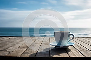 Coffee mug on a wooden table against the background of the sea. Generative AI